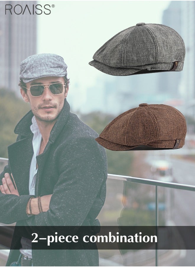 roaiss 2-Piece Linen Vintage Tweed Hat Casual British Versatile Octagonal Hat Comfortable And Breathable Beret  - Image 1