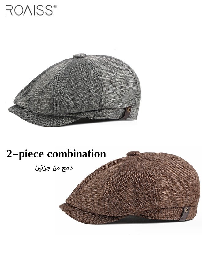 roaiss 2-Piece Linen Vintage Tweed Hat Casual British Versatile Octagonal Hat Comfortable And Breathable Beret  - Image 2
