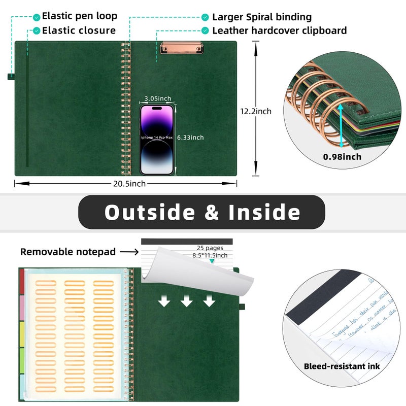Ospelelf Leather Clipboard Folio with Notepad for Letter Size, Spiral Clipboard Folder with Storage Zipper Pouch, 5 Folders with 10 Pockets, 39 Divider Label Stickers, Pen Loop Series (Green) - Image 3