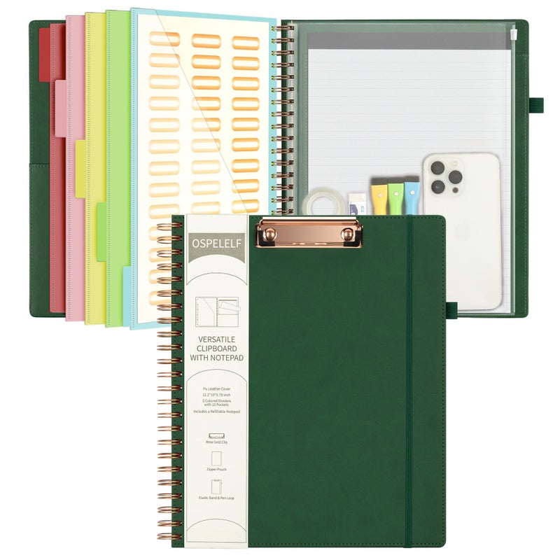 Ospelelf Leather Clipboard Folio with Notepad for Letter Size, Spiral Clipboard Folder with Storage Zipper Pouch, 5 Folders with 10 Pockets, 39 Divider Label Stickers, Pen Loop Series (Green) - Image 1