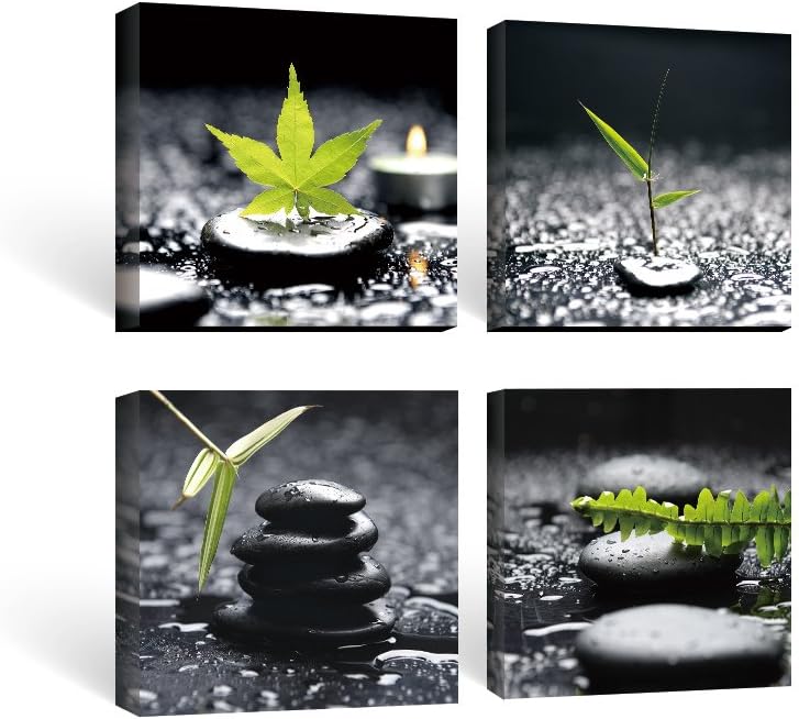 SUMGAR Framed Wall Art Bathroom Decor Black and White Canvas Paintings Green Pictures Zen Stone Spa 4 Piece,12x12 in - Image 1