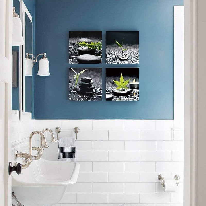SUMGAR Framed Wall Art Bathroom Decor Black and White Canvas Paintings Green Pictures Zen Stone Spa 4 Piece,12x12 in - Image 3
