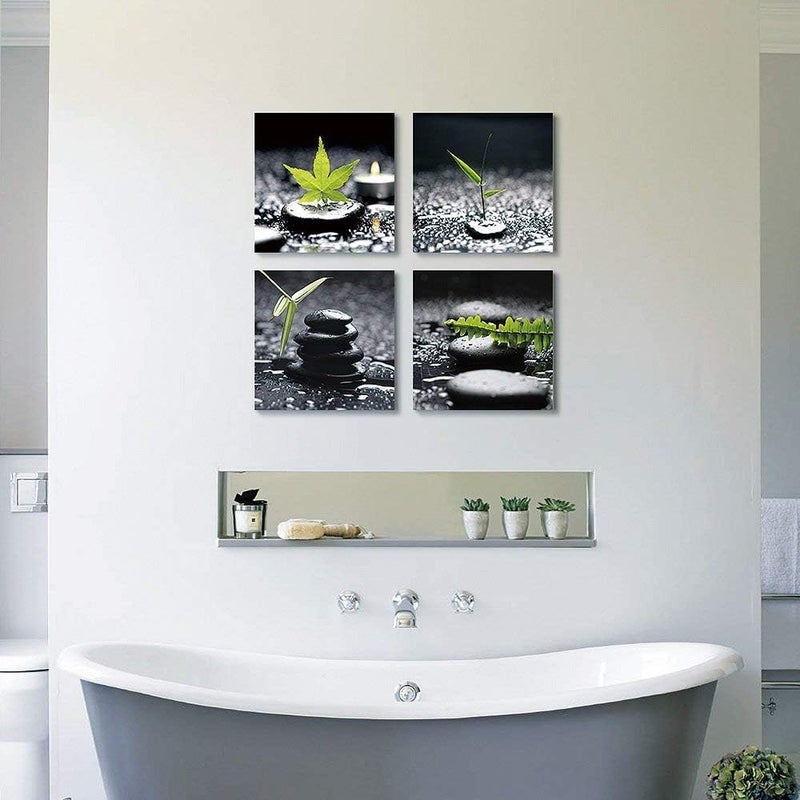 SUMGAR Framed Wall Art Bathroom Decor Black and White Canvas Paintings Green Pictures Zen Stone Spa 4 Piece,12x12 in - Image 2