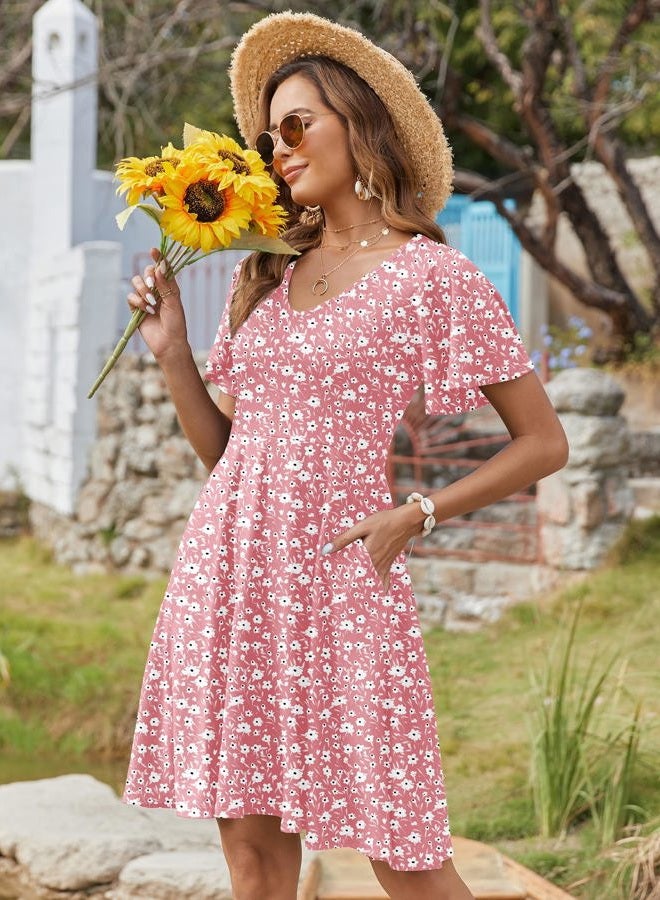 zeagoo Womens Summer Dress Casual Swing Floral Ruffle Short Sleeve Sundresses Beach Mini A-line Shift Dress 2025 with Pockets, Pink Floral, XL - Image 5