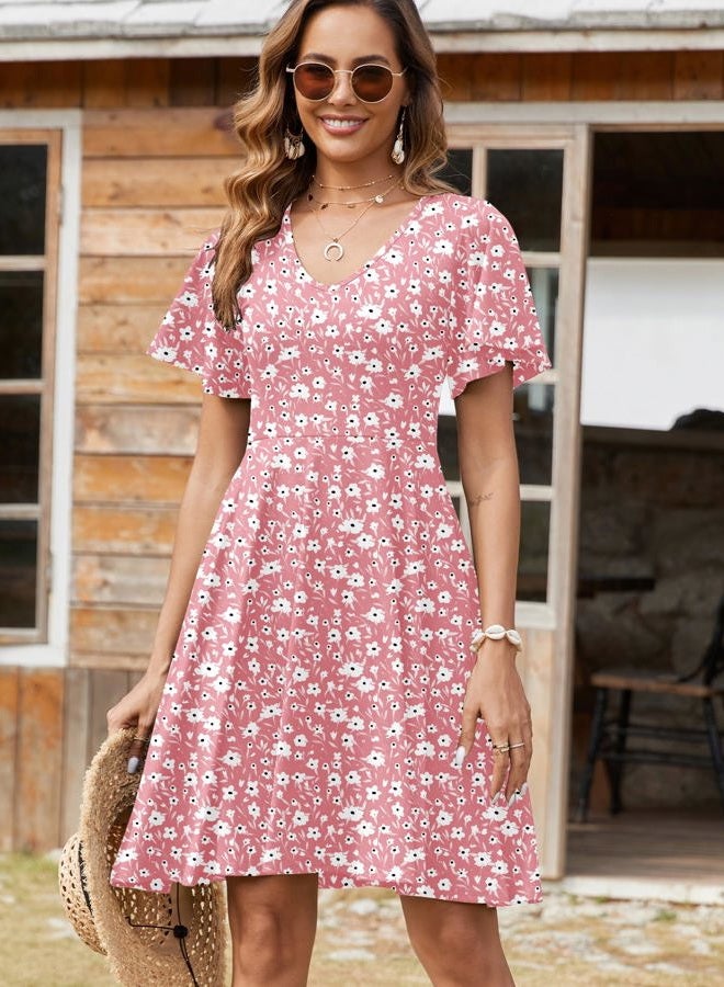 zeagoo Womens Summer Dress Casual Swing Floral Ruffle Short Sleeve Sundresses Beach Mini A-line Shift Dress 2025 with Pockets, Pink Floral, XL - Image 3