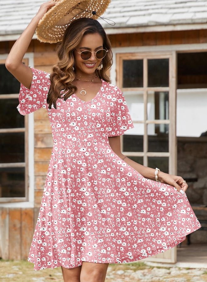zeagoo Womens Summer Dress Casual Swing Floral Ruffle Short Sleeve Sundresses Beach Mini A-line Shift Dress 2025 with Pockets, Pink Floral, XL - Image 4