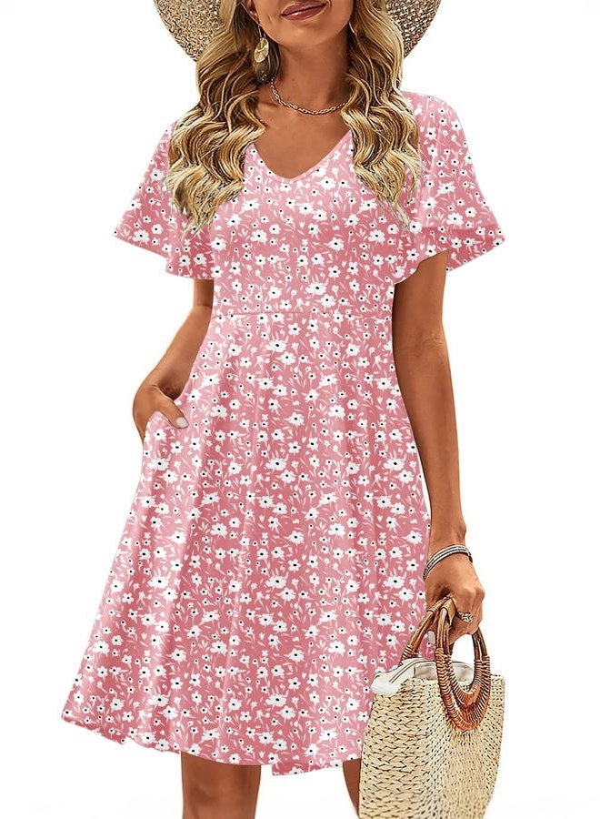 zeagoo Womens Summer Dress Casual Swing Floral Ruffle Short Sleeve Sundresses Beach Mini A-line Shift Dress 2025 with Pockets, Pink Floral, XL - Image 1