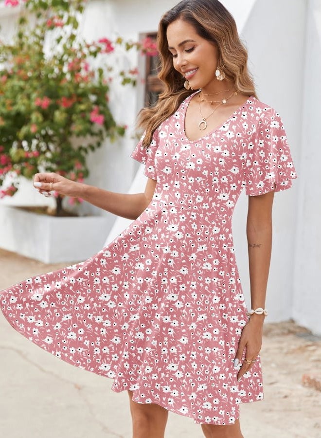 zeagoo Womens Summer Dress Casual Swing Floral Ruffle Short Sleeve Sundresses Beach Mini A-line Shift Dress 2025 with Pockets, Pink Floral, XL - Image 2