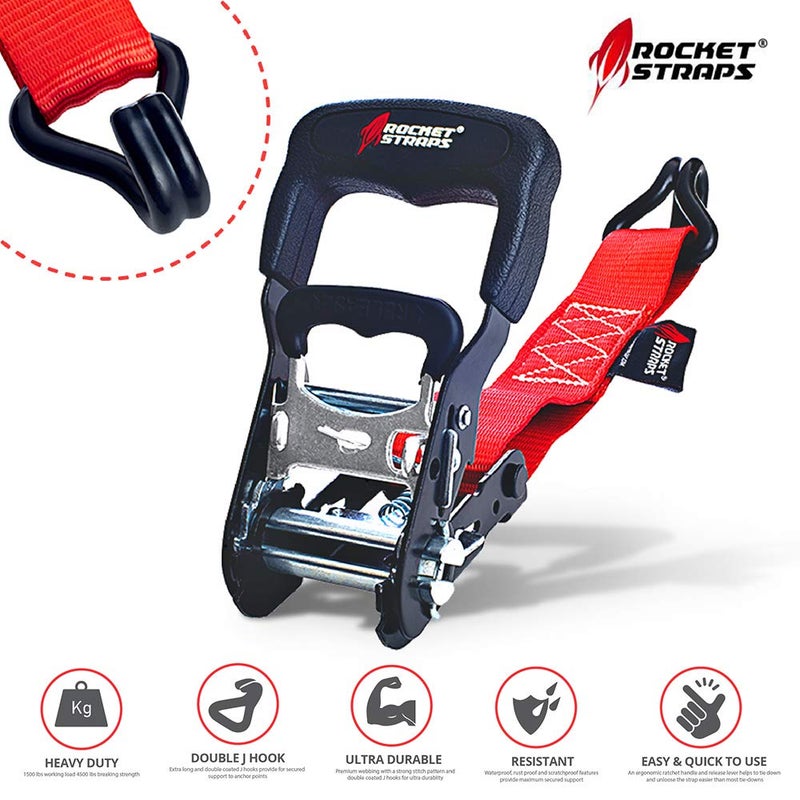Rocket Straps Rocket Straps - Heavy Duty Ratchet Straps 1500 lbs Working Load 4500 lbs Break Strength | Rubber Coated Double J Hooks | Ergonomic Ratchet Handle | Tie Down Straps Include 4 Soft Loops and Bag  - Image 2