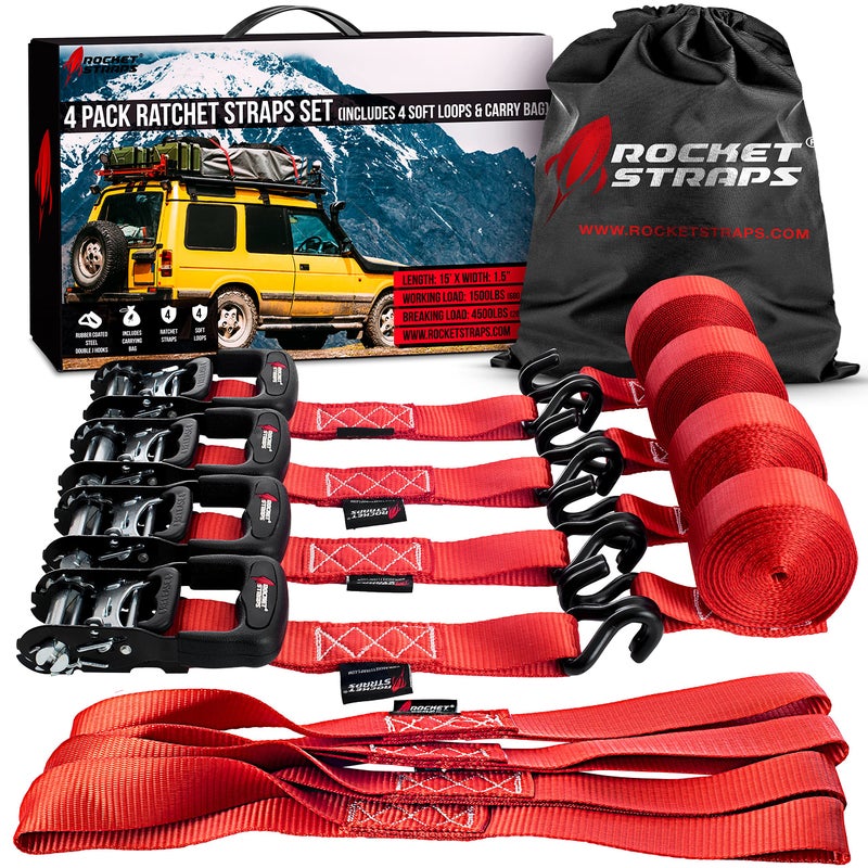 Rocket Straps Rocket Straps - Heavy Duty Ratchet Straps 1500 lbs Working Load 4500 lbs Break Strength | Rubber Coated Double J Hooks | Ergonomic Ratchet Handle | Tie Down Straps Include 4 Soft Loops and Bag  - Image 1