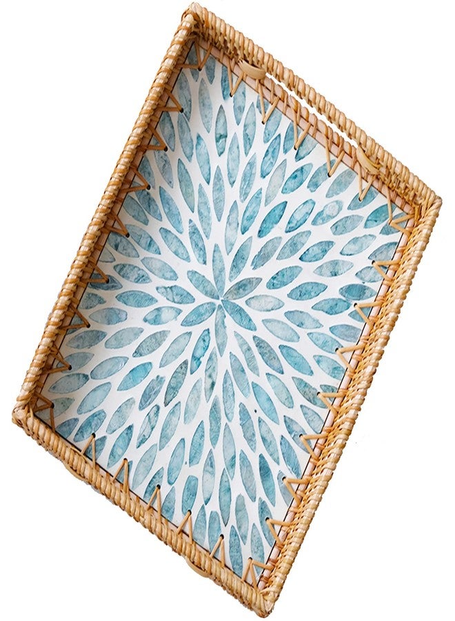i-lan 14 Inch Rectangular Rattan Serving Tray with Light Blue Mother of Pearl Inlay - Wooden Base Coffee Table Platter with Handles, Coastal Wicker Basket for Ottoman & Dining Decor - Image 1