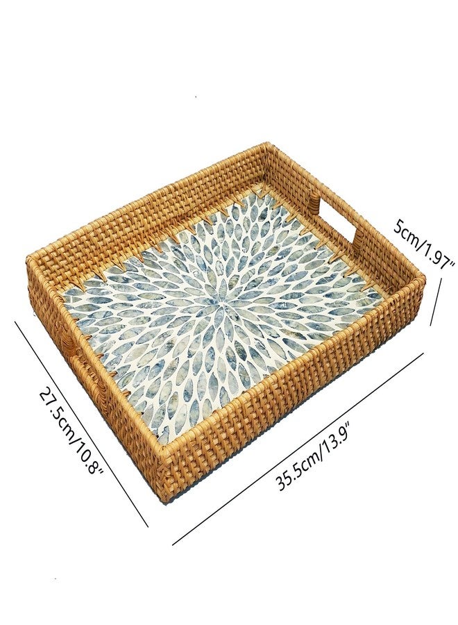 i-lan 14 Inch Rectangular Rattan Serving Tray with Light Blue Mother of Pearl Inlay - Wooden Base Coffee Table Platter with Handles, Coastal Wicker Basket for Ottoman & Dining Decor - Image 3