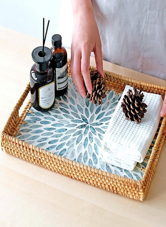 i-lan 14 Inch Rectangular Rattan Serving Tray with Light Blue Mother of Pearl Inlay - Wooden Base Coffee Table Platter with Handles, Coastal Wicker Basket for Ottoman & Dining Decor - Image 2