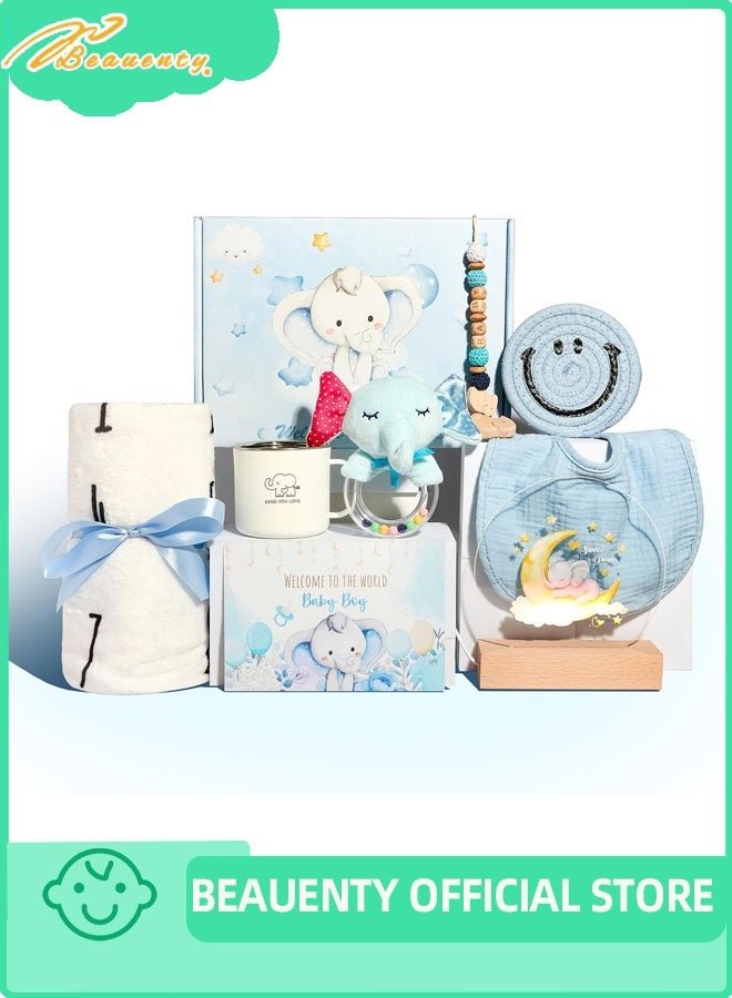 Beauenty Baby Gifts,Baby Shower Gifts for Girls Boys,New Born Baby Girls Gift,Babies Gift Basket,Unique Baby Gift Essential,Gender Reveal Gifts,Rattle Swaddle Blanket Toddler Gifts (blue) - Image 1