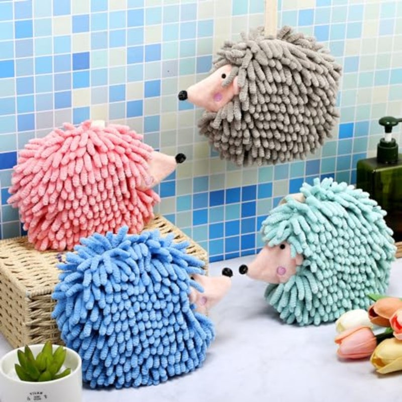 4 Pcs Chenille Fuzzy Ball Hand Towels Hedgehog Decorative Towels Absorbent Funny Hanging Hand Drying Towel with Button Loop for Bathroom Kitchen Washstand Bedroom Drying, 4 Colors - Image 4