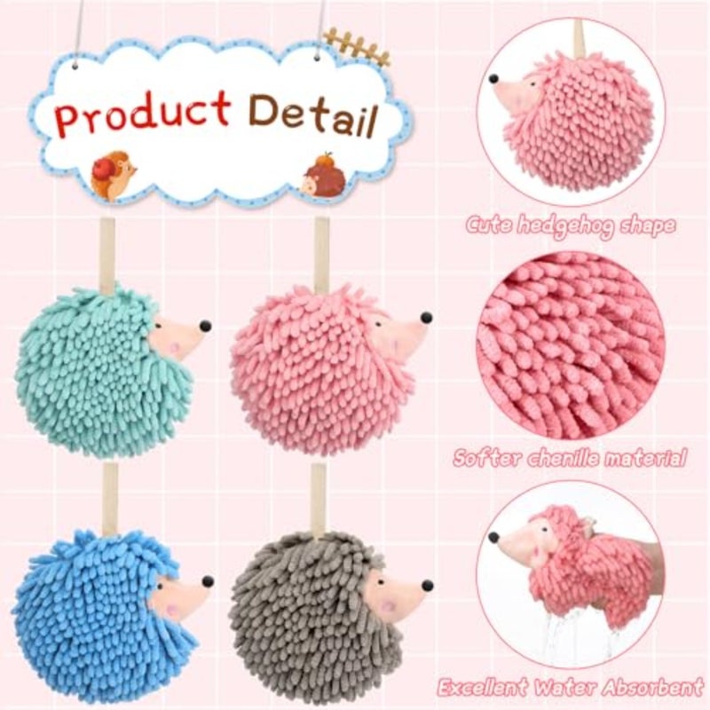 4 Pcs Chenille Fuzzy Ball Hand Towels Hedgehog Decorative Towels Absorbent Funny Hanging Hand Drying Towel with Button Loop for Bathroom Kitchen Washstand Bedroom Drying, 4 Colors - Image 3