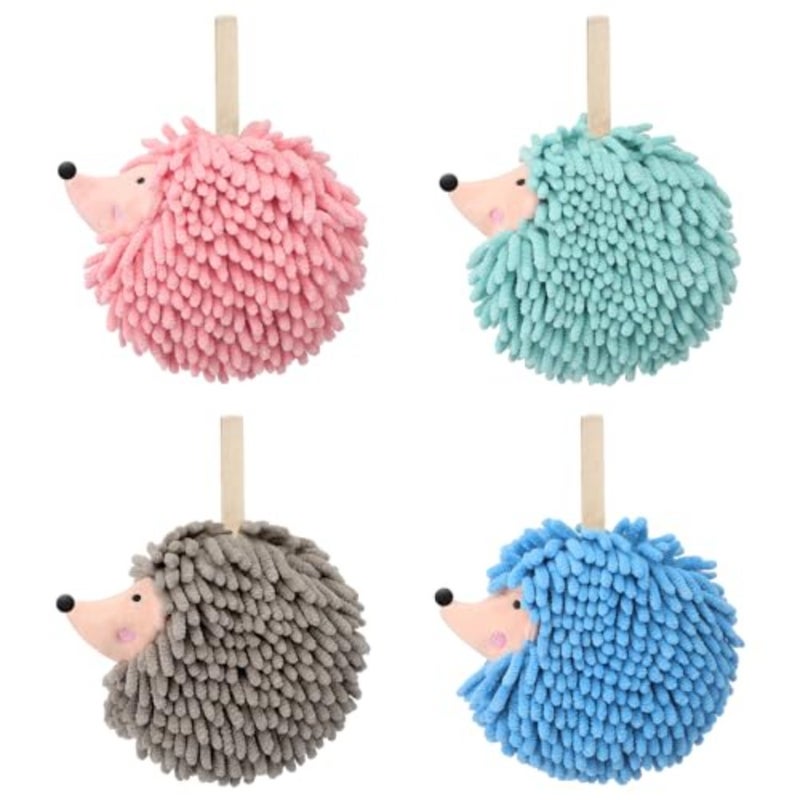 4 Pcs Chenille Fuzzy Ball Hand Towels Hedgehog Decorative Towels Absorbent Funny Hanging Hand Drying Towel with Button Loop for Bathroom Kitchen Washstand Bedroom Drying, 4 Colors - Image 1