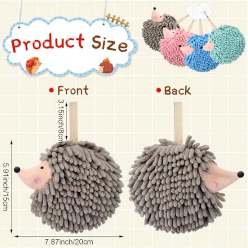 4 Pcs Chenille Fuzzy Ball Hand Towels Hedgehog Decorative Towels Absorbent Funny Hanging Hand Drying Towel with Button Loop for Bathroom Kitchen Washstand Bedroom Drying, 4 Colors - Image 2