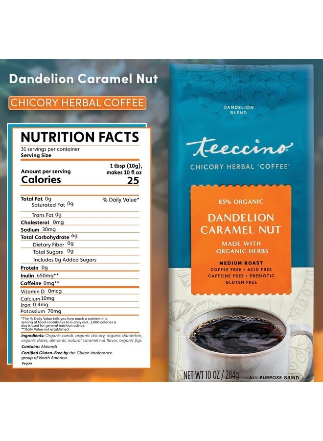 teeccino Dandelion Caramel Nut Herbal Coffee - Caffeine-Free Coffee Alternative with Prebiotics, Gluten Free, Acid Free - Medium Roast, 10 oz - Image 2