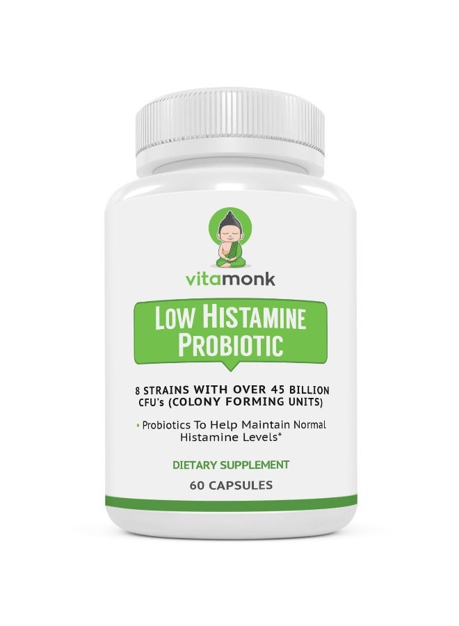 VitaMonk Low Histamine Probiotics Fight Histamine Intolerance and Support Balanced Gut Health - Histamine Free Probiotic for Those Seeking Health Improvements with Histamine Control -60 Capsules - Image 1