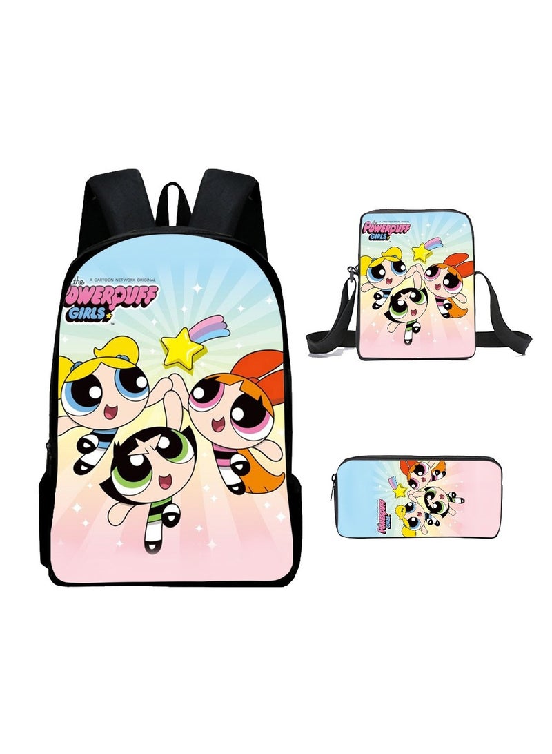 حقيبة ظهر Powerpuff Girls حقيبة ظهر مدرسية للطلاب 29*16*42 سم + حقيبة ظهر 19*6*23 سم + حافظة أقلام 24*7*11 سم مجموعة من ثلاث قطع - Image 1