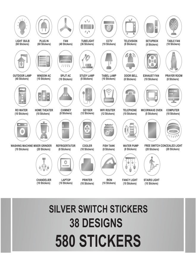 Pinaco India Switch Board Stickers - 580 Stickers, 40 Unique Designs | Decorative Stickers for Switches, Home & Office, Easy-to-Apply Stickers for Switches, Waterproof Vinyl 1.5 cm (Silver) - Image 2