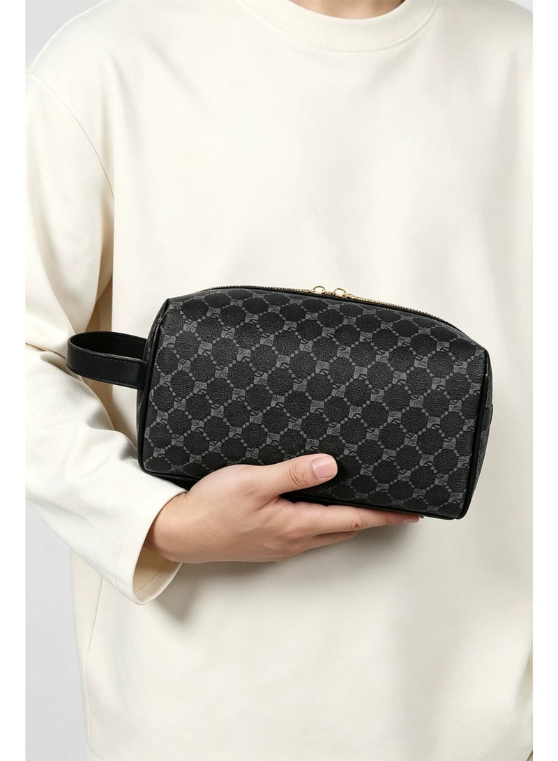 Men’s Portable Toiletry Bag Black Patterned Travel Cosmetic Pouch with Handle Gold Zipper - Image 2