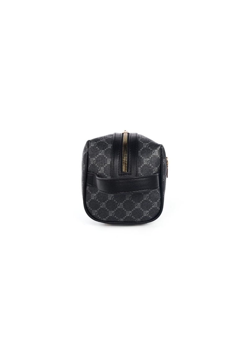 Men’s Portable Toiletry Bag Black Patterned Travel Cosmetic Pouch with Handle Gold Zipper - Image 4