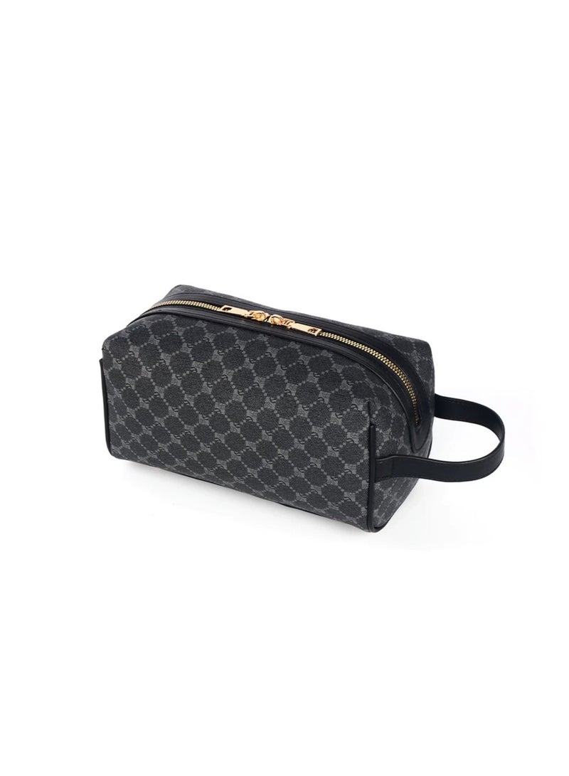 Men’s Portable Toiletry Bag Black Patterned Travel Cosmetic Pouch with Handle Gold Zipper - Image 5