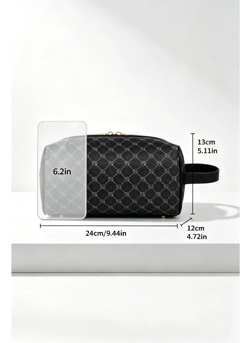 Men’s Portable Toiletry Bag Black Patterned Travel Cosmetic Pouch with Handle Gold Zipper - Image 3