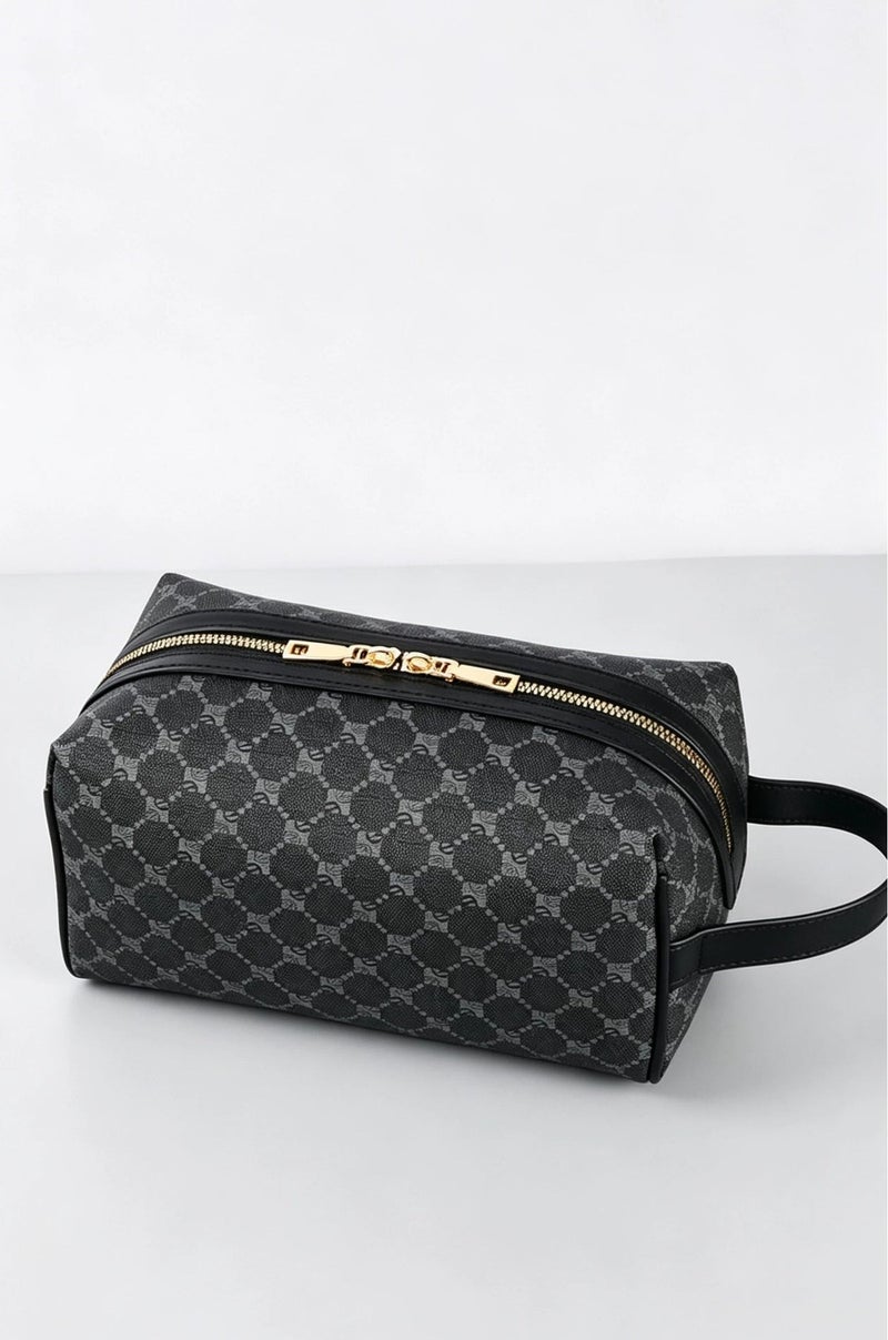 Men’s Portable Toiletry Bag Black Patterned Travel Cosmetic Pouch with Handle Gold Zipper - Image 1