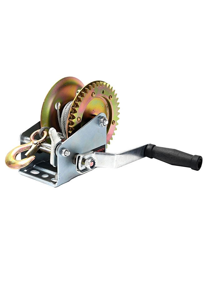 LAWAZIM Manual Winch - 1000lbs Silver - Manual Hand Crank Winch with Cable and Hook, Self-Locking Gear System, Anti-Slip Handle, and Pre-Drilled Mounting Base for Lifting, Towing, Boat, and Trailer Use - Image 1