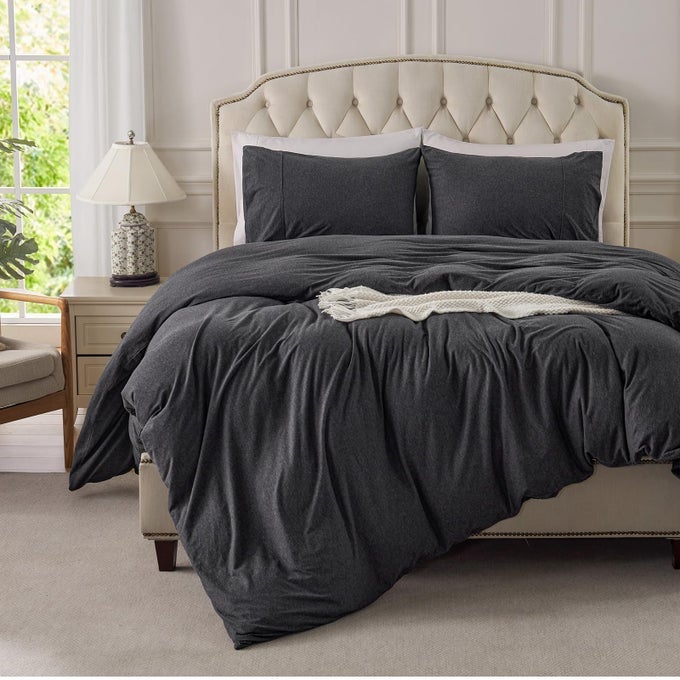 JERSEY KNIT DUVET COVER SET 100 TSHIRT COTTON SUPER SOFT COMFY 3PC BEDDING SET WITH ZIPPER CLOSURE HEATHER CHARCOAL GREY QUEEN