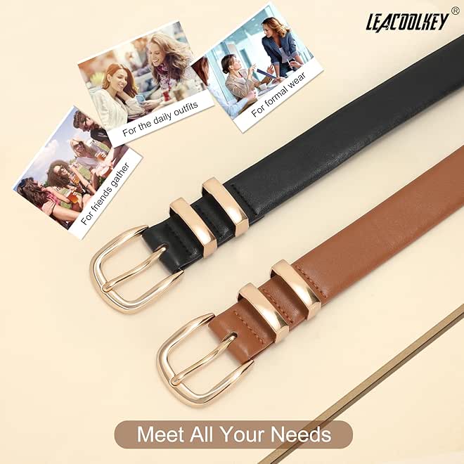 LEACOOLKEY Women Leather Belt Fashion Gold Buckle Ladies Leather Waist Belt for Jeans Dress - Image 3