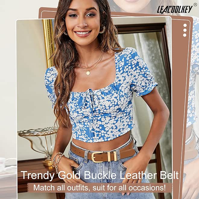 LEACOOLKEY Women Leather Belt Fashion Gold Buckle Ladies Leather Waist Belt for Jeans Dress - Image 4