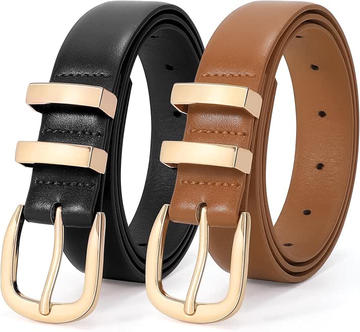 LEACOOLKEY Women Leather Belt Fashion Gold Buckle Ladies Leather Waist Belt for Jeans Dress - Image 1