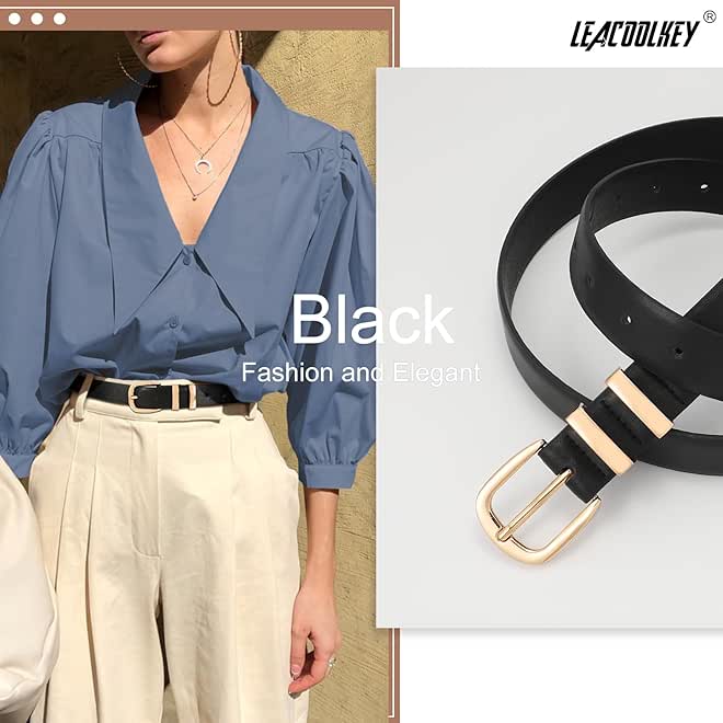 LEACOOLKEY Women Leather Belt Fashion Gold Buckle Ladies Leather Waist Belt for Jeans Dress - Image 2