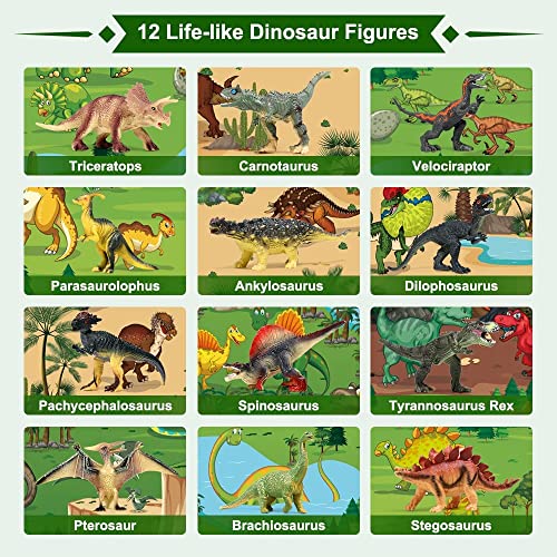 FRUSE Jurassic Dinosaur Toys Figures,12 PCS Realistic Large Dinosaur Figurines with Jumbo Play Mat & Information Dino Book,Educational Dino Figure Playset Cake Topper Decoration for Kids - Image 2