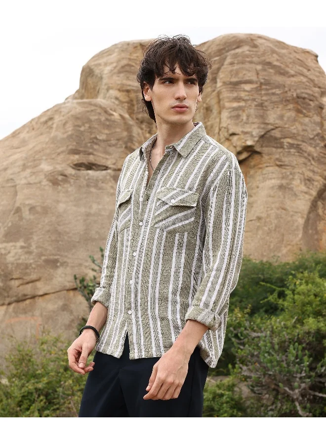 CAHOOT  Men's Peanut Brown & Off-White Utility Halo-Stripe Oversized Shirt for Men | Best Price UAE