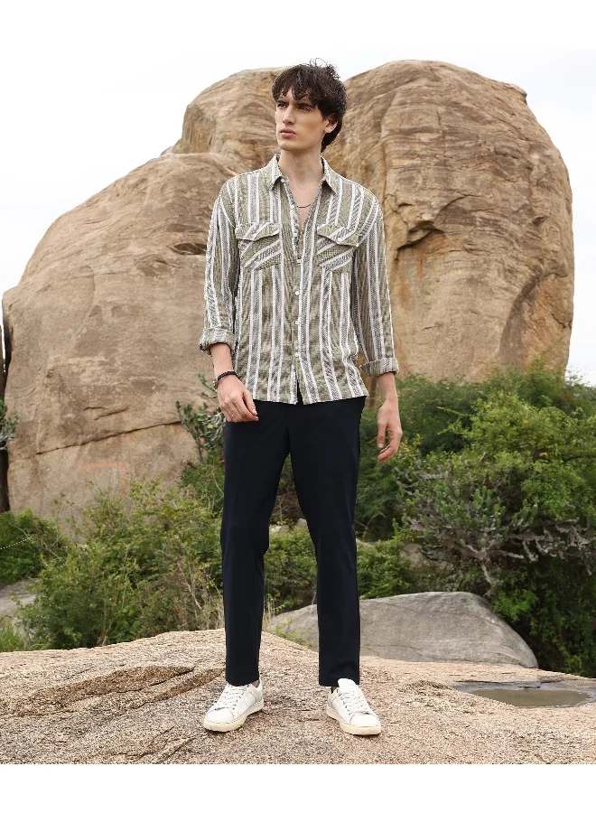 Campus Sutra Men's Brown & Off-White Utility Halo-Stripe Oversized Shirt For Casual Wear | Spread Collar | Long Sleeve | Button Closure | Oversized Shirt Crafted With Comfort Fit For Everyday Wear