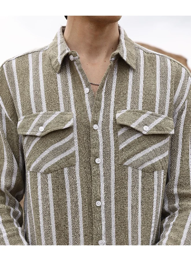 CAHOOT  Men's Peanut Brown & Off-White Utility Halo-Stripe Oversized Shirt for Men | Best Price UAE