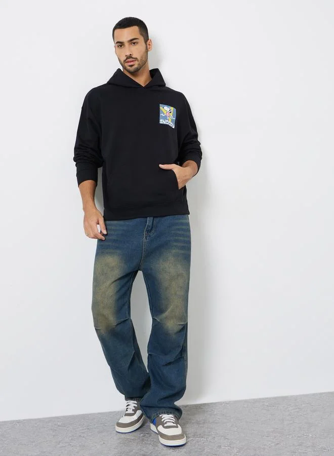 Styli Men Black Snoopy Graphic Print Oversized Hoodie