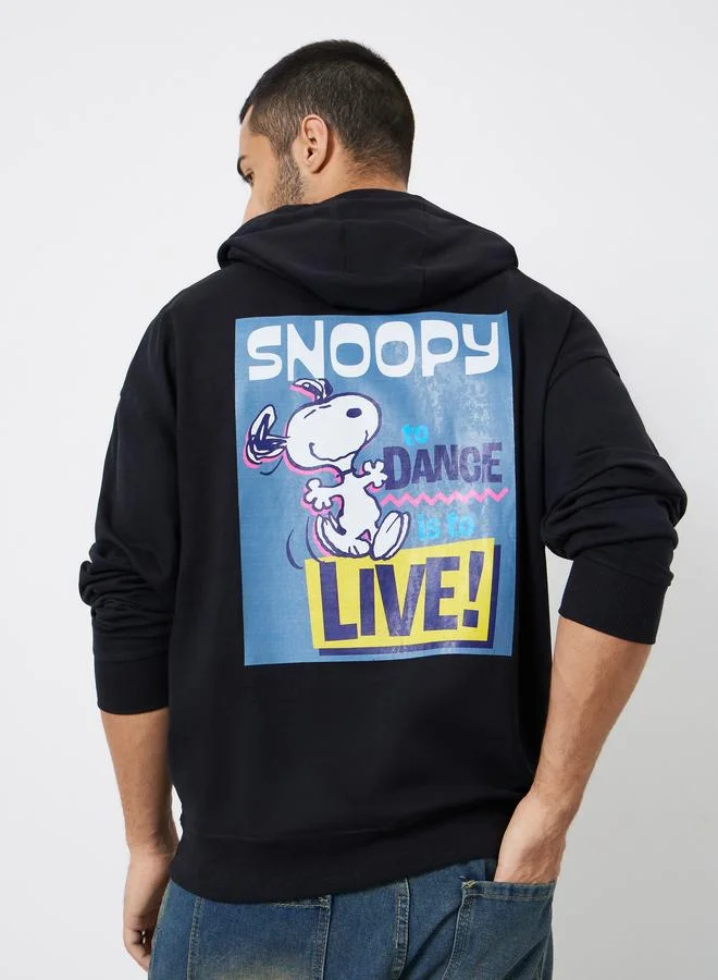 Men Black Snoopy Graphic Print Oversized Hoodie