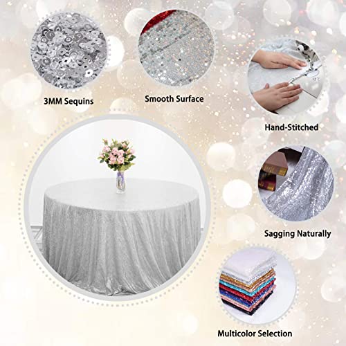 TCBESTO Silver Sequin Tablecloth 120" Round Sparkly Table Cover Glitter Table Overlay for Party Dinner Festival Wedding Exhibition Dessert - Image 4