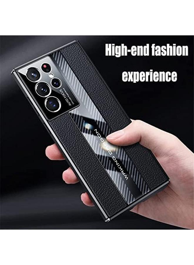 erorex Case For Galaxy S22 Ultra Luxury Tpu Carbon Fiber And Genuine Leather Back Cover Camera Protection Shockproof Case Galaxy S22 Ultra Black - Image 3