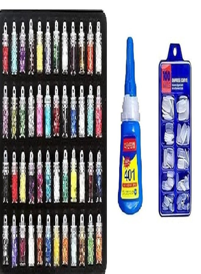 BANIRA Nail Art Combo Kit with 100 Pcs False Nails 48 Bottles of 3D Glitter Powder, Nail Art Charms/Tool Sequins Shimmer Stone kit Gift Box for Girls with Nail Glue - Image 2