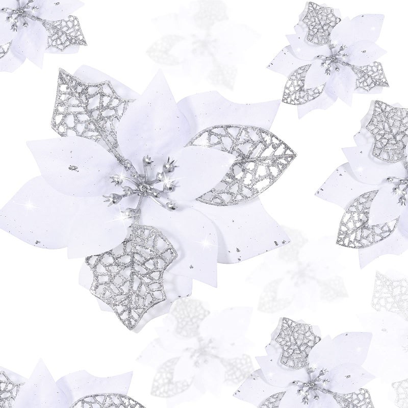 Boao 24 Pieces Christmas Artificial Glitter Poinsettia Flowers Xmas Flowers Wedding Christmas Tree New Year OrnamentsWhite - Image 2