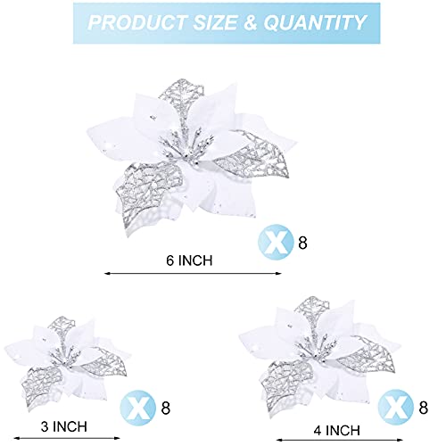 Boao 24 Pieces Christmas Artificial Glitter Poinsettia Flowers Xmas Flowers Wedding Christmas Tree New Year OrnamentsWhite - Image 3