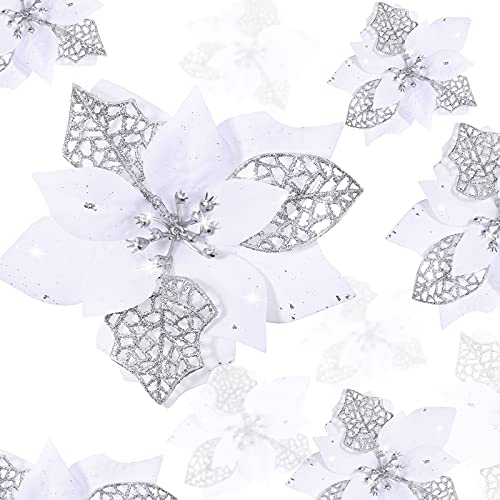Boao 24 Pieces Christmas Artificial Glitter Poinsettia Flowers Xmas Flowers Wedding Christmas Tree New Year OrnamentsWhite - Image 1