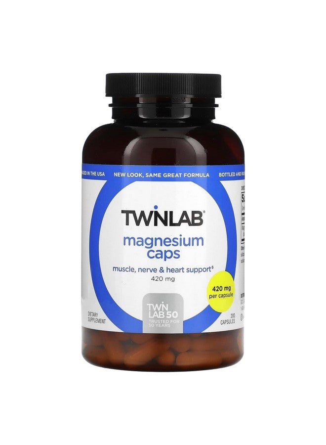 Twinlab Magnesium Caps - High Absorption Magnesium Supplement to Support Leg Cramps Relief - Magnesium Capsules for Stress Relief, 420 mg, 200 Count, 1 Pack - Image 1